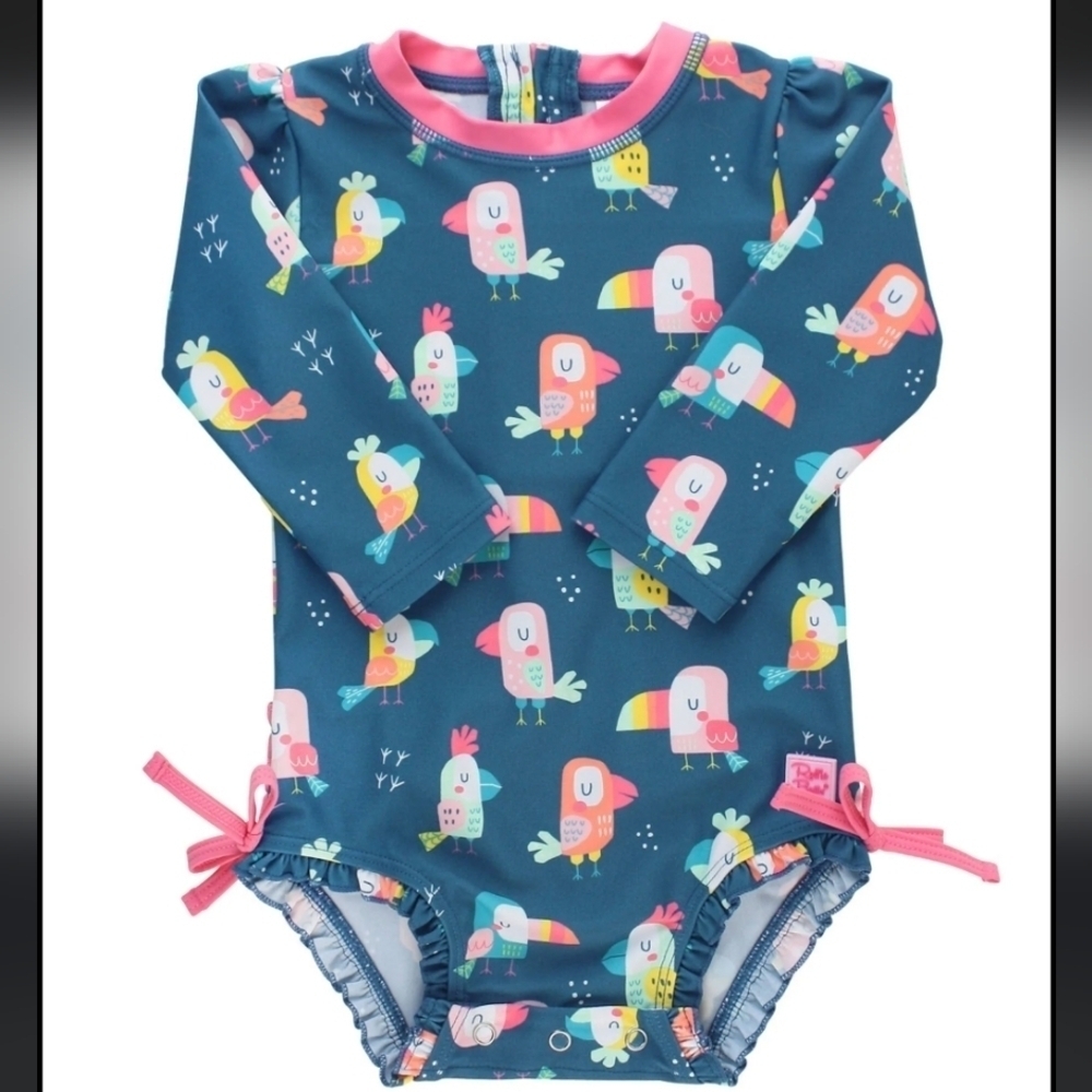 RuffleButts You’re The Tweetest size 3-6 months Rash Guard Swimsuit